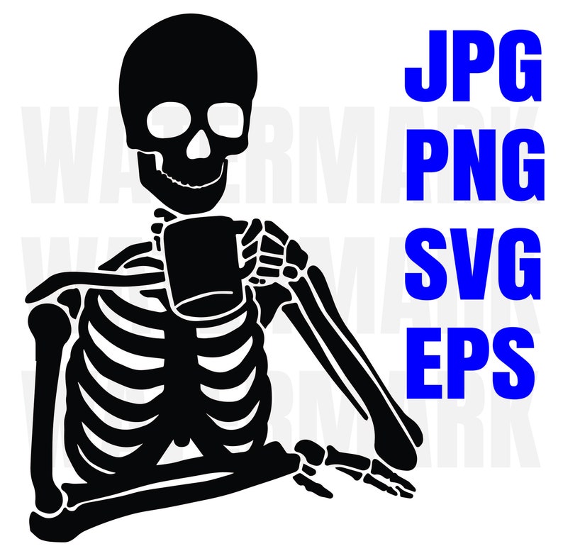 SVG/JPG/PNG Skeleton drinking Hot Coffee Vector Hand Drawing Instant Download for printing, screening, cutting etc image 1