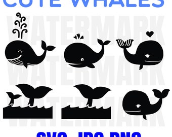 Cute Whale Logo playing Wave  - JPG PNG SVG - Hand Drawing Image - Digital files Instant Download