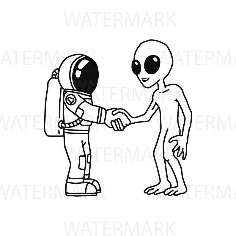 Astronaut shakes hand with an Alien from outer space with separated each one JPG PNG SVG Hand Drawing Image Instant Download image 1