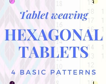 May include: A graphic with a pink and blue geometric pattern. The text "Tablet weaving HEXAGONAL TABLETS 4 BASIC PATTERNS" is in a white box with a blue outline. The graphic is a chart with numbers 6 through 22.