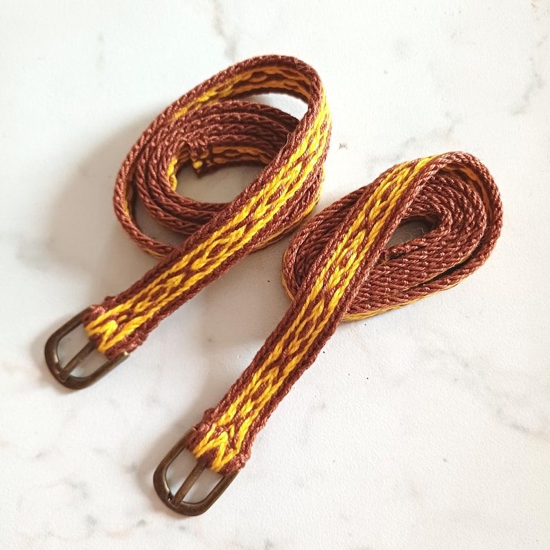Handwoven Medieval Garters, Brass Buckle Cotton Calf Straps Brown and yellow