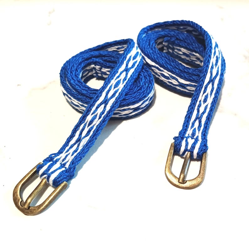 Handwoven Medieval Garters, Brass Buckle Cotton Calf Straps Blu and white