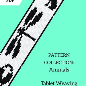 May include: A digital PDF document titled PATTERN COLLECTION: Animals Tablet Weaving Double Face by Emeluna. The document features a diagonal strip of white fabric with a black pixelated animal pattern against a solid mint green background.