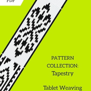May include: A digital document cover featuring a diagonal strip of white fabric with a black geometric woven pattern. The text reads: PDF, PATTERN COLLECTION: Tapestry, Tablet Weaving Double Face, by Emeluna, set against a bright lime green background.