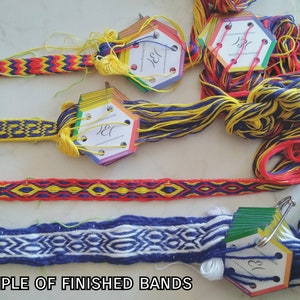 May include: Four examples of finished woven bands in different colors and patterns, including red, yellow, blue, and white. The bands are displayed next to their corresponding weaving cards, which are labeled with the number "131".