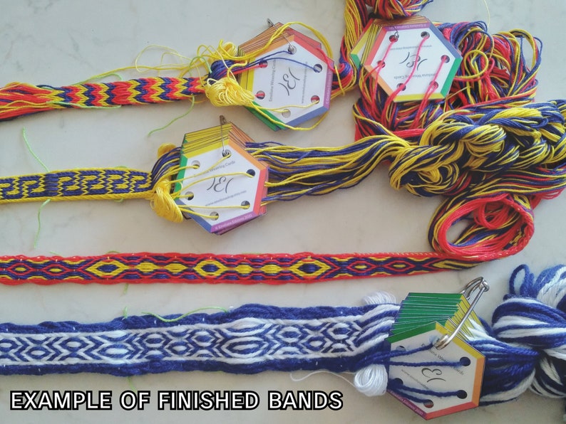 May include: Four examples of finished woven bands in different colors and patterns, including red, yellow, blue, and white. The bands are displayed next to their corresponding weaving cards, which are labeled with the number "131".