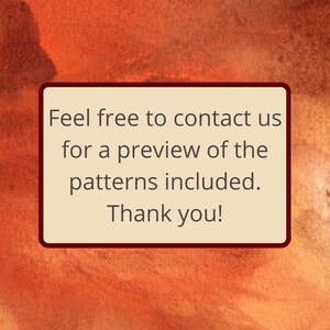 Puede incluir: Un rect&aacute;ngulo beige con esquinas redondeadas y un borde marr&oacute;n contiene el texto: "No dudes en contactarnos para obtener una vista previa de los patrones incluidos. &iexcl;Gracias!"