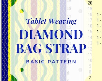 Puede incluir: Un diagrama que muestra el patrón básico para una correa de bolso de diamante utilizando tejido de tableta. El patrón se muestra en amarillo, verde, azul y rojo. El texto "Tablet Weaving DIAMOND BAG STRAP BASIC PATTERN" se muestra sobre un fondo blanco.