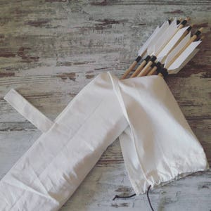 Cotton quiver for belt with loop for hooking and closure to protect feathers, medieval archer accessory, for historical reenactment