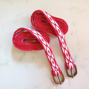 Handwoven Medieval Garters, Brass Buckle Cotton Calf Straps Red and white