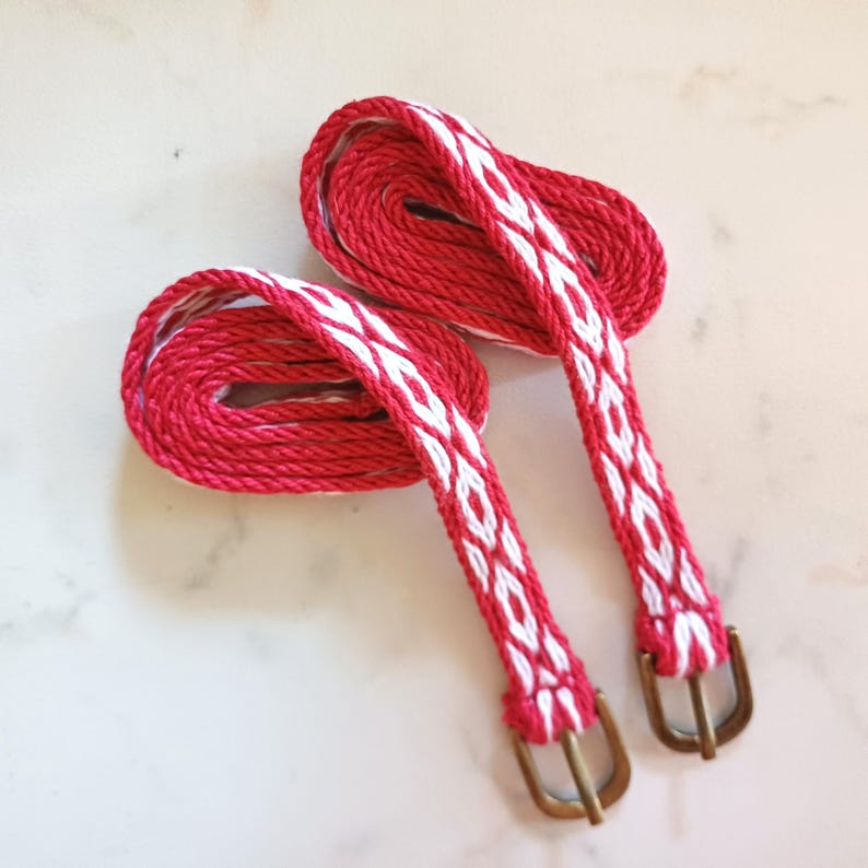 Handwoven Medieval Garters, Brass Buckle Cotton Calf Straps Red and white