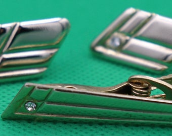 1940's Gold Tone Cuff Links and Tie Clip