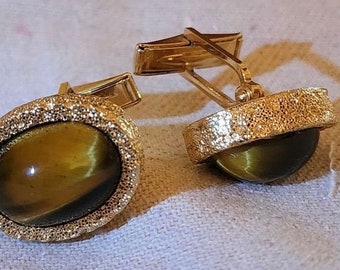 Brutalist Tiger Eye Cuff Links, c1960s