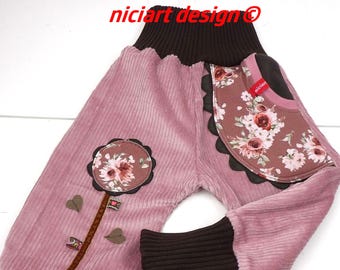 Bloomers corduroy trousers cord cotton old pink brown FLOWERS roses by niciart design