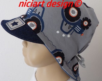 niciart Designer Sommermütze Nackenschutz Sommerhut Schirmmütze Sonnenhut BW Mütze TRECKER TRAKTOR grau jeansblau