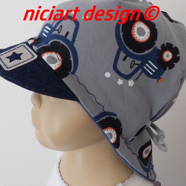 niciart Designer Sommermütze Nackenschutz Sommerhut Schirmmütze Sonnenhut BW Mütze TRECKER TRAKTOR grau jeansblau