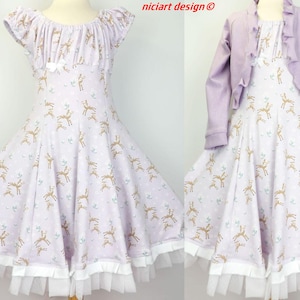 Abito per l&#39;iscrizione scolastica, abito girevole, abito da festa, abito da bambina, CERVO lilla pastello facoltativo. con giacca bolero o fascia per capelli design niciart