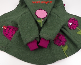 Walk jacket lined and unlined wool walk jacket baby & children's jacket moss green berry FLOWERS BW jersey lining 100% virgin wool niciart design