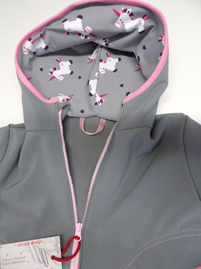 Softshell coat, swallow coat, softshell jacket, transitional jacket, children's, light grey, pink, purple, UNICORN, unicorns, niciart design image 3
