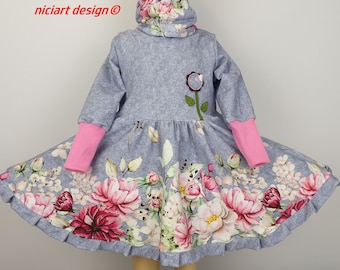 Robe pivotante, robe fille, robe sweat, robe col roulé, col châle, robe à manches longues, FLEURS bleu clair par niciartdesign