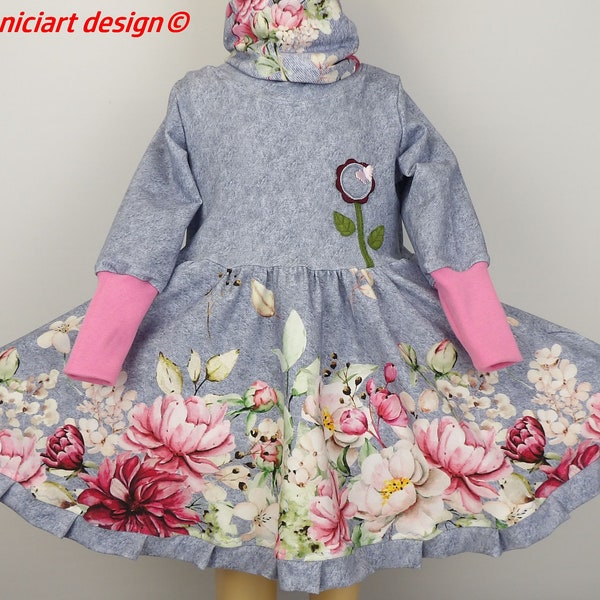 Drehkleid Mädchenkleid Sweatshirtkleid Rollkragen Kleid Schalkragen Langarmkleid hellblau BLUMEN by niciartdesign