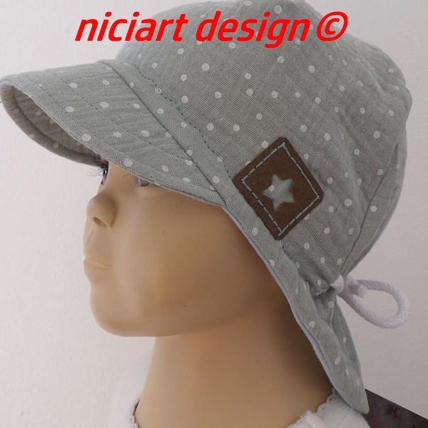 niciart Designer Summer Cap Muslin Cap Neck Protection Muslin Summer Hat Umbrella Cap Sun hat 100% Coton MINT Dots