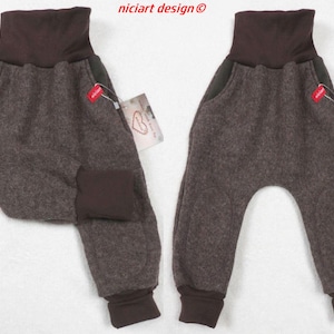Pantaloni da passeggio, pantaloni in feltro di lana, 100% lana vergine, marrone melange, stile largo, toppe sulle ginocchia, design niciart