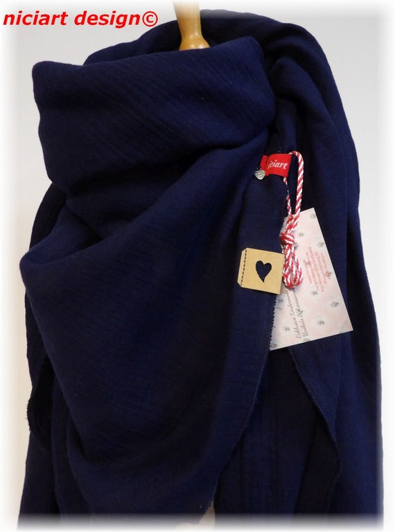 Sciarpa in mussola XXL, sciarpa da donna, sciarpa triangolare, blu tinta unita, 100% mussola di cotone, design niciart - Italia