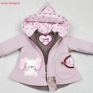 Boiled wool jacket, lined, baby and children&#39;s jacket, 100% new wool, rabbit & hedgehog pink berry optional with trousers, niciart design