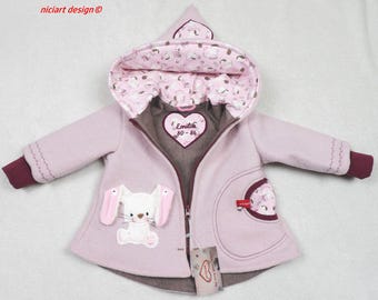 Lined boiled wool jacket for babies and children, 100% virgin wool, rabbit & hedgehog design, pink/berry, choice of trousers, niciart design