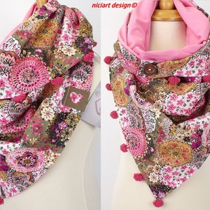 WOMEN&#39;S SCARF reversible triangular scarf triangular scarf wrap scarf cotton and BW jersey taupe pink colorful FLORAL fixable by niciart design