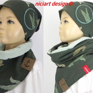 Bonnet bonnet BW jersey bonnet CROCODILE vert olive en option. avec écharpe à boucle o wrap design niciart
