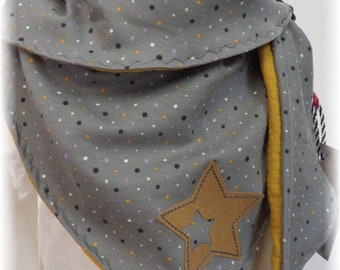 Bufanda infantil de diseño niciart Bufanda triangular Chal triangular Jersey y muselina Bufanda de muselina Gris Mostaza Amarillo Reversible MINIDOTS