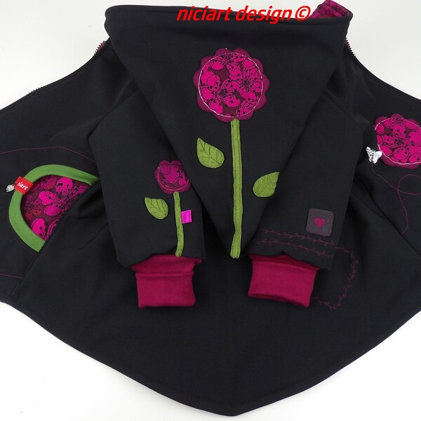 Softshelljacke Herbst-Winterjacke gefüttert BW Stepp Softshell Jacke BLÜTEN schwarz beere bordeaux niciart design