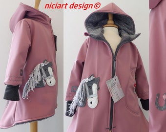 Herbst Winter Softshellmantel Schwalbenmantel  Baumwollteddy gefüttert Softshell Jacke altpink grau PONY Pferd niciart design