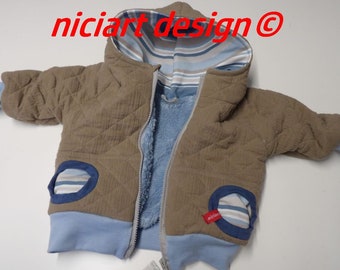 Steppjacke Kuscheljacke Blouson Musselinstepp u Baumwollteddy HIPSTERSTREIFEN caramel hellblau by niciart design