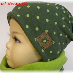 Bonnet bonnet hiver bonnet BW jersey et doublure polaire points verts choix de boucle ou écharpe enveloppante design niciart