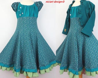 Einschulungskleid Drehkleid Blumenmädchen Kleid Festkleid Partykleid petrol BLÜMCHEN wahlw. mit Bolerojacke by niciart design