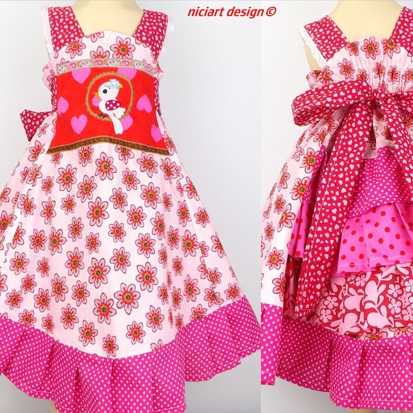 Traumkleid Mädchen Partykleid Baumwollkleid Rüschen Trägerkleid VÖGELCHEN Stick rosa pink rot wahlweise m Bolerojacke niciart design