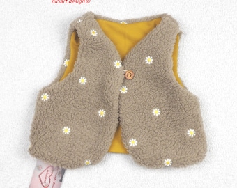 Chaleco de peluche forrado para bebés y niños, suave tejido de sudadera de algodón con margaritas, beige y amarillo mostaza, tallas 68-140, diseño niciart