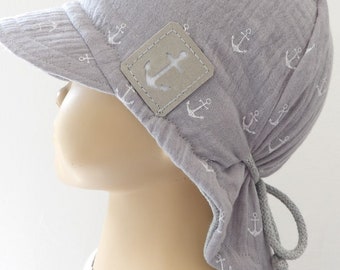 Summer hat, muslin hat, neck protection, muslin summer hat, peaked hat, sun hat, 100% cotton, light grey, anchor, niciart design