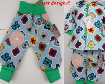 Softshell pants baby and children bloomers Buddelhose colorful Pril flowers PEACE & LOVE by niciart design