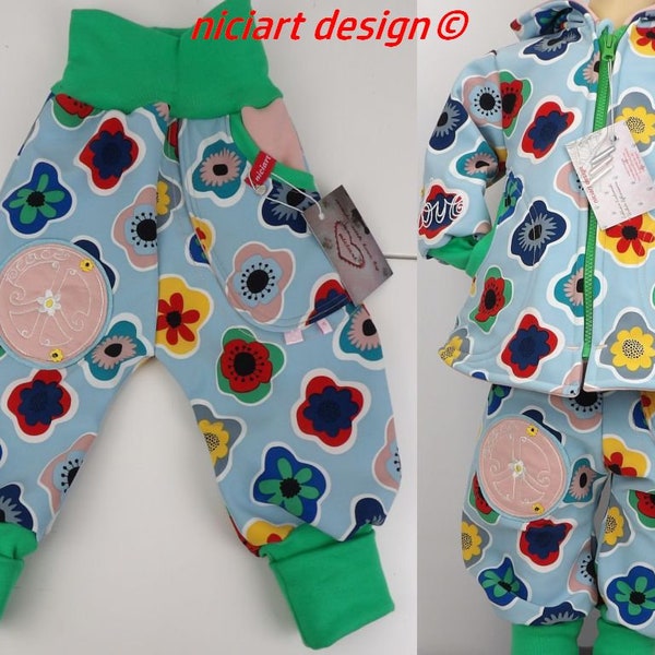 Softshell pants baby and children bloomers Buddelhose colorful Pril flowers PEACE & LOVE by niciart design