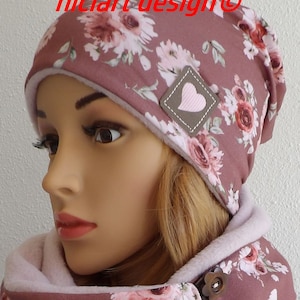 Women&#39;s hat autumn - winter hat beanie BW jersey & polar fleece lining brown pink tones ROSES niciart design