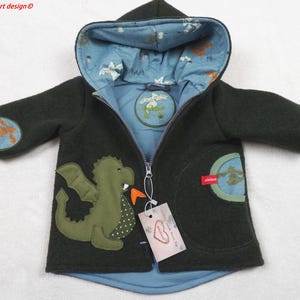 Può includere: Giacca con cappuccio verde scuro con applicazione di drago. La giacca ha una fodera blu fantasia, chiusura con zip e toppe sulle maniche. I polsini sono verde chiaro.