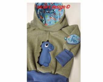 DINOPULLI Baby & Children's Hoodie HOODIE Hooded Cuddly Sweatshirt 100% Organic Cotton Green Mottled DINOS Dinosauriaaaa niciart design