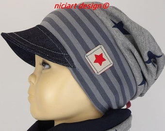 Bonnet parapluie casquette à visière casquette jersey chapeau d'été gris bleu étoiles collection RAKETEE wahlw m triangle boucle par niciart design