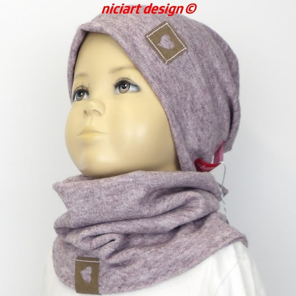 SET Beanie & Loop Fine Knit Scarf Cuddly Hat Beanie Hat and Winter Scarf Mottled Mauve niciart design