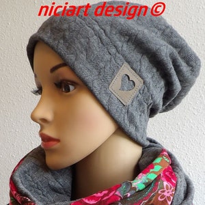 Knitted hat women&#39;s hat autumn - winter hat beanie jacquard knit cable pattern grey mottled niciart design