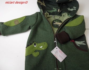 Children's boiled wool jacket, lined, *lining choice & name embroidery included* 100% virgin wool, baby jacket, moss green, crocodile, niciart design